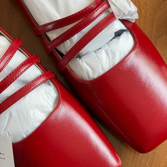 & Other Stories Ruby Red Mary Jane Leather Ballet Flats - Picture 3 of 7